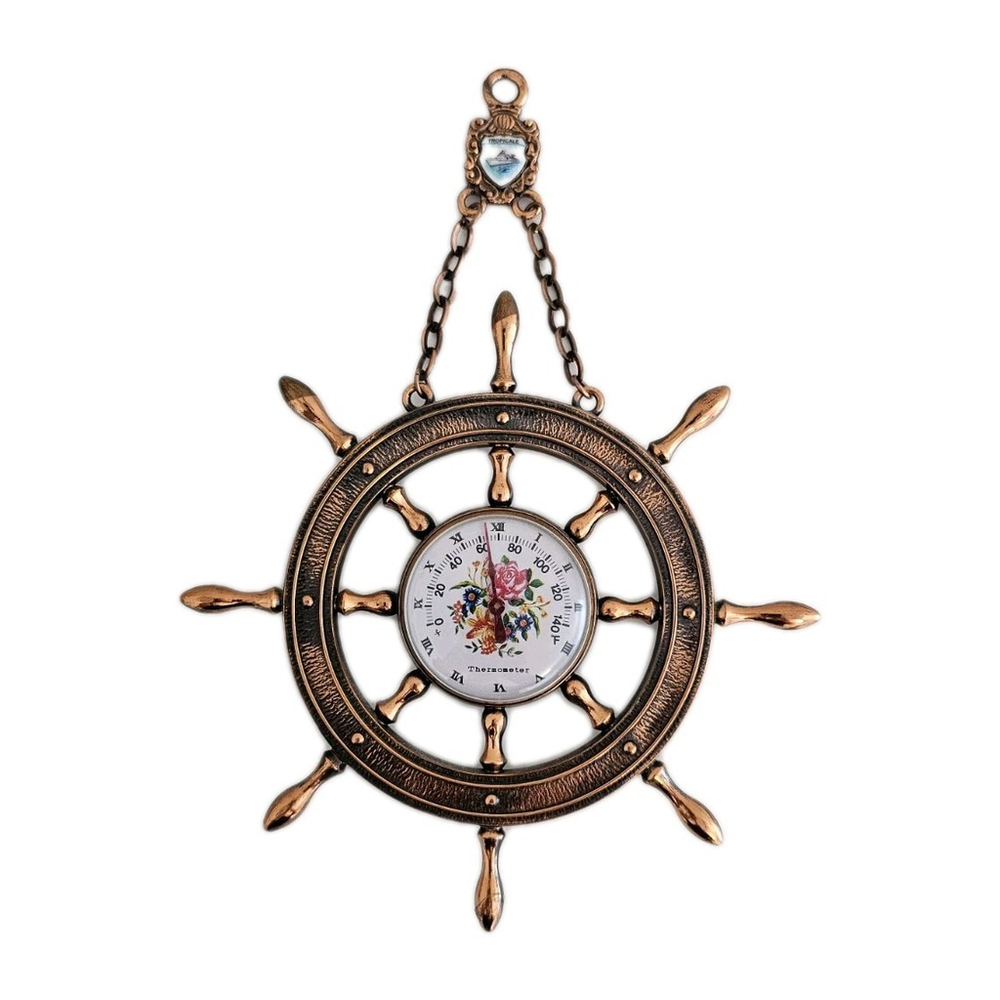 VTG Decorative Ship's Wheel Thermometer with Floral Dial and "TROPICALE" Crest